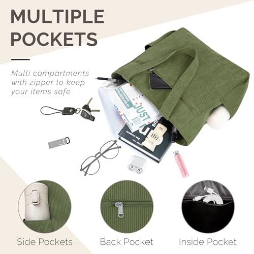 Buringer Corduroy Tote Bag for Women Large Shoulder Bag with Zipper and Pockets for Travel Gym Vacation2