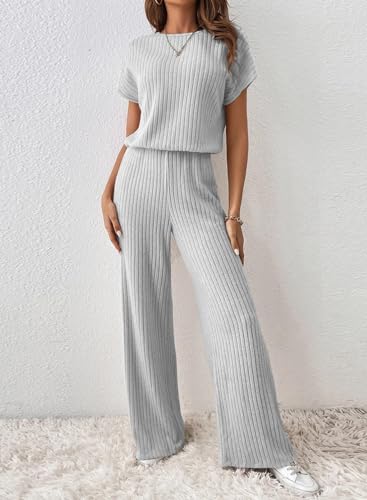Happy Sailed Wide Leg Jumpsuits For Women Casual Loose One Piece Outfits Short Sleeve Crewneck Knit Ribbed Stretchy Long Romper Fashion 2024 Grey Small thumb #2