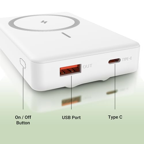Image of ZEBRONICS MW70 Wireless Power Bank, 10000 mAh, Rapid Charge, Magsafe Compatible, Outputs - 22.5W Wired | 15W Wireless, Type C PD Input & Output, USB Output, Built in Stand, Made in India (White)