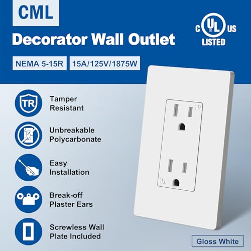 Image of CML 15 Amp Decorator Recetpacle Outlet, 50 Pack Tamper Resistant Electrical Wall Outlet with Screwless Wallplate, 15A /125V, Residential and Commercial Use, UL Listed, White
