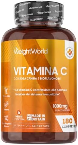 Vitamina C 1000mg Vegana con Rosa Canina, 180 Compresse per 6 Mesi (1 Sola al Giorno), Integratore Vitamina C (Acido Ascorbico) e Bioflavonoidi da Citrus Aurantium, Senza Magnesio Stearato e Glutine Vitamina - integratore