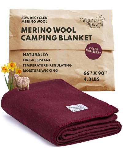 Woolly Mammoth Woolen Company Merino Wool Blanket - Temperature-regulating and Mositure-Wicking - 80% Wool Blanket - for Outdoor Camping, Backpacking and Hunting (66' x 90' Mulberry)