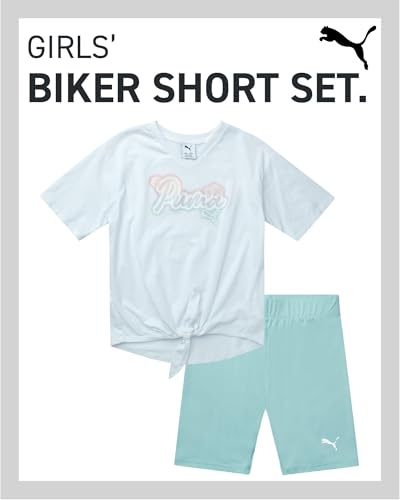 Image of PUMA Girls' Biker Short Set - 2 Piece Short Sleeve Crewneck Graphic Tee Shirt and Bike Shorts for Girls (Sizes: 7-14)