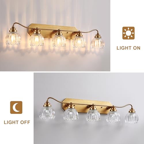 Image of Vintage Bathroom Light Fixtures, 5 Light Gold Bathroom Vanity Light, Matte Antique Brass Finish with Crystal Glass Shade, Wall Sconces Lighting for Bedroom, Living Room, Hallway
