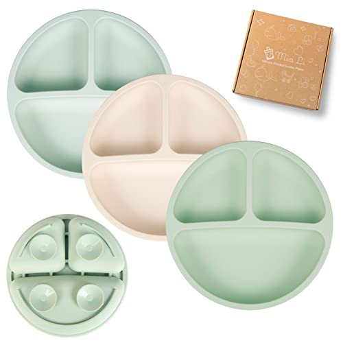 Image of Mia Li Suction Plates for Baby – Set of 3 Toddler Plates with Suction – Cute and Colorful Silicone Plates for Weaning – Ideal for Baby Feeding, Food Storage (Sage, Sand & Stone)