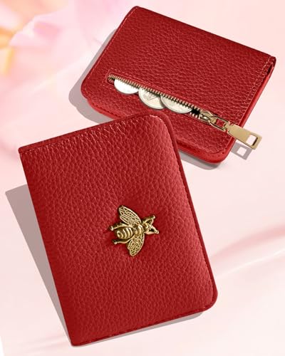 Image of Bistup Leather 12 Slot Accordion Card Holder Wallet, Red Bee | Accordion Storage, Zipper Around Closure, Compact Patterned Wallet for IDs, Cards, Cash, Daily Carry and Gifts