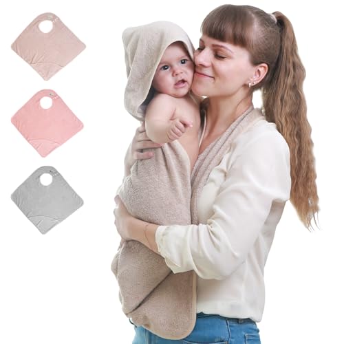 Image of KELRICER Hooded Baby Towels for Newborn, Hands Free Baby Hooded Bath Towel, Oversized Baby Towel with Super Absorbent 100% Cotton, 35.4 * 35.4 Inch Full Coverage Kids Bath Towel (Khaki)