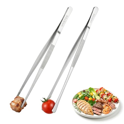 WISYOK Kochpinzette 2 Stück 30 cm Küchenpinzette Edelstahl Spitze und Runde Kochzange Profi-Grillpinzette zum Kochen Grillen Braten Backen Anrichten und Dekorieren (Silber)