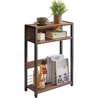 IBUYKE Narrow Side Table with Storage Shelf, 3 Tier End Table,Small Nightstand with Magazine Rack,Telephone Table for Small Spaces,for Living Room, Bedroom, Sofa, Brown TMZ001H