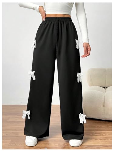 OYOANGLE Girl's Bow Sweatpants Elastic Drawstring Waist Wide Leg Workout Athletic Pants with Pocket3