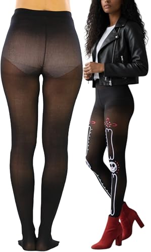 Image of ToBeInStyle Women's Sugar Skull Dia de los Muertos La Catrina Skeleton Bones Tights & Thigh High Stockings