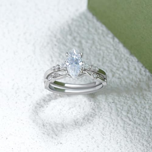 Marquise Cut Engagement Ring Set for Women, 18K 14K 10K Solid Gold Leaf Moissanite Bridal Ring Sets, Marquise-Cut Moissanite Promise Wedding Band Jewelry Gift for Her4