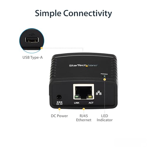 Image of StarTech 1-Port USB 2.0 Network Print Server, 10 /100 Mbps Auto-sensing, Wired Ethernet LAN USB Printer Server Adapter, TAA Compliant
