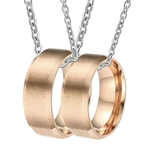 Ayoiow - Collar para pareja, colgante de acero inoxidable para hombre, anillo de oro rosa de 8 mm, con inclinación, collar de roca para mujer