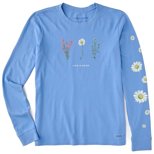 Life is Good Women's Detailed Wildflowers Long Sleeve Crusher Tee (Medium, Cornflower Blue)