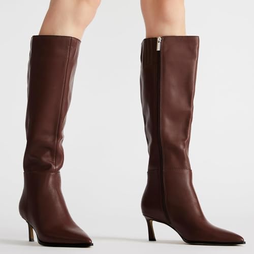 UBWDU Women's Kitten Heel Knee High Boots Side Zipper Pointed Toe Tall Boots Long Leather Dress Booties2