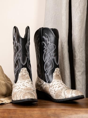 Image of Python Manning Men's Boots Cowboy for Men Classic Pointed Toe Western Pull Up Snakeskin Embroidered Mid-Calf Boots