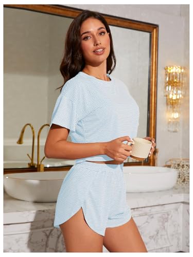 Image of OYOANGLE Womens Pajama Sets 2 Piece Sexy Lounge Sets Summer Cute Pjs Striped Print Tee and Side Split Shorts Set