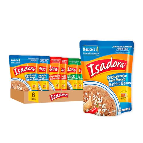 Isadora Refried Beans Variety Pack (6 Pack, 2 Each), Delicious Original, Black, and Mayocoba Refried Pinto Beans in Pouch, Gluten Free Microwave Food Premade Meals, Plant Based Protein,15 oz Bags