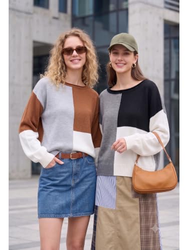 Image of ECOWISH Women Sweater Long Sleeve Color Block Knit Pullover Sweaters Crew Neck Patchwork Casual Loose Jumper Tops