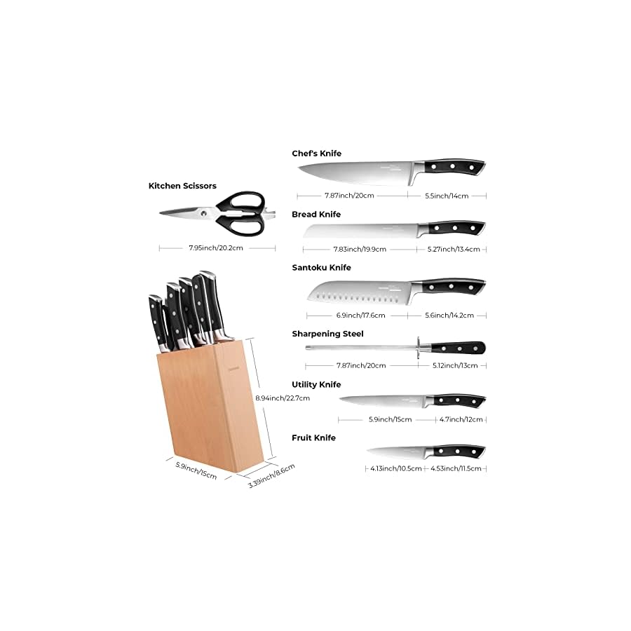 OAKSWARE Knife Sets, 8 Piece Knife Set for Kitchen with Block, German Stainless Steel Chef Knives Set with Ergonomic Handle