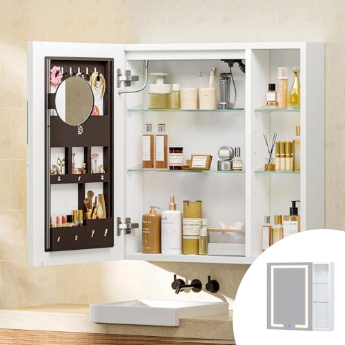 Spiegelschrank mit Beleuchtung, Steckdose, Offene Ablagen, Stauraum hinter dem Spiegel, Vergrößerungsspiegel, Spiegelschrank Bad mit Verstellbaren Ablagen, 3 Farbtemperatur Dimmbar, Metallrahmen