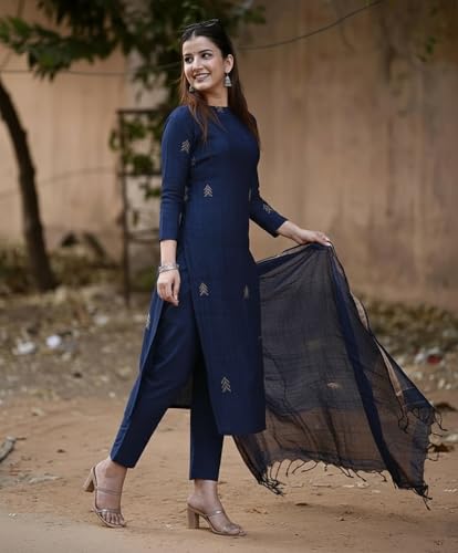 Image of GoSriKi Viscose Printed Straight Kurta with Pant and Dupatta for Women | Viscose Cream | 3 /4 Sleeve | High Neck | Ethnic Wear Casual Wear