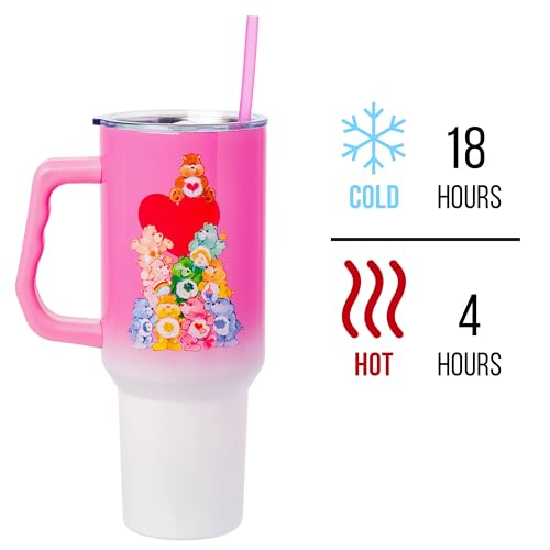 Image of Silver Buffalo Care Bears Watercolor Heart Ombre Double Walled Stainless Steel Tumbler with Handle and Straw, Fits in Standard Cup Holder, 40 Ounces