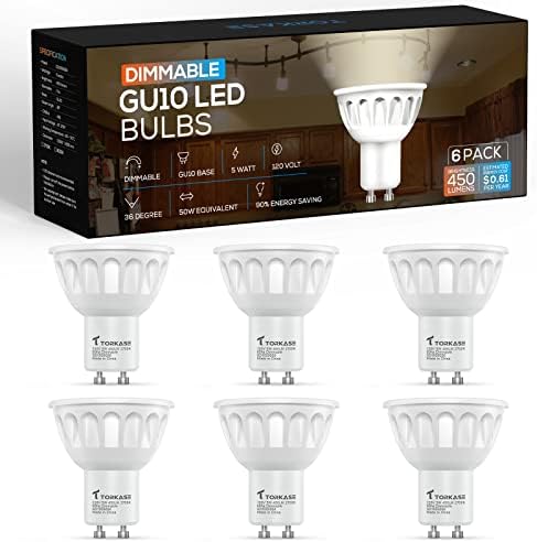 Torkase GU10 LED Bulb, Dimmable GU10 MR16 LED Bulbs 2700K Warm White, 120V 450LM Track Light Bulbs 5W 50W Equivalent, 90% Energy Saving, 36 Degree, LED Replacement for Recessed Lighting, 6 Pack