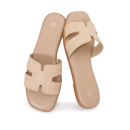 Shion ShaaYii Women's Slide Sandals Comfortable Flat Slip On Leather Sandals (Beige raffia, Adult, Women, 10, Numeric, US Footwear Size System, Medium) by Shion ShaaYii - Used condition - US$17.08