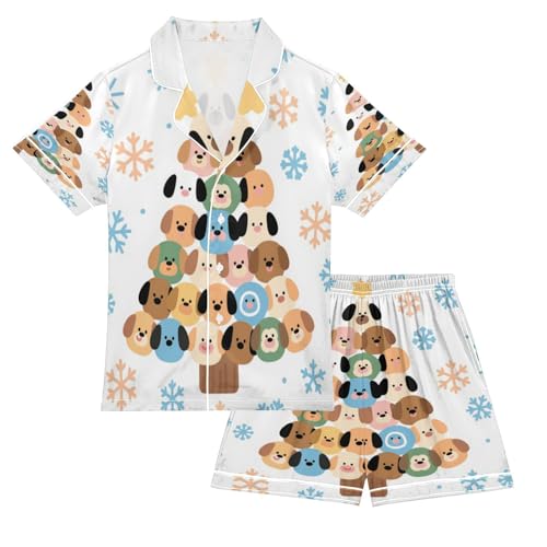 Satin Pajama Sets Short Sleeve Christmas Tree with Dogs Button Down Silky Nightwear 2 Piece PJS 5-14Y