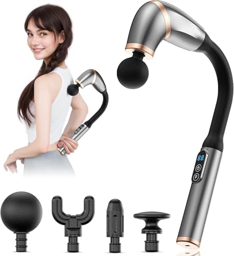 Image of Handheld Deep Tissue Massage Gun with Long Reach Handle | 4 Interchangeable Massage Heads | 6 Speed Levels & 3 Massage Modes | Cordless Rechargeable Percussion Massager for Neck, Back, Shoulders, Legs & Feet