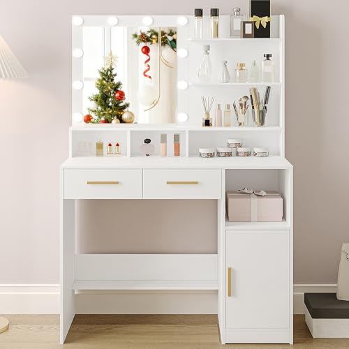 Hzuaneri Coiffeuse avec Miroir et 10 Lumières LED Réglables, Coiffeuse avec 2 Tiroir et 1 Armoire, 3 Étagères et 4 Compartiments Ouverts, Blanc DT32503X