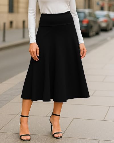 Womens High Waist A-Line Skirt Casual Midi Length Skirt with Solid Color2