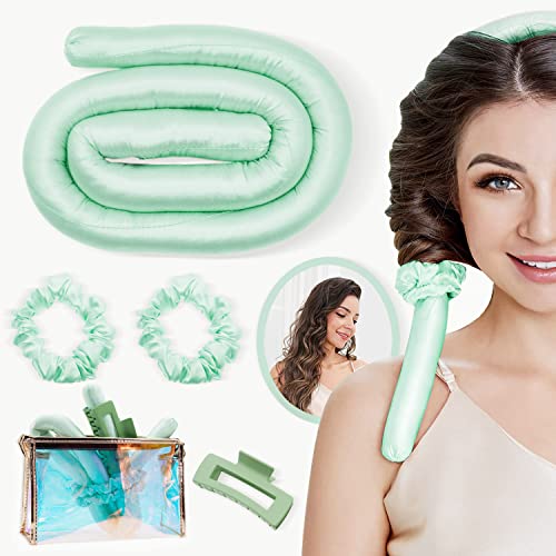 Heatless Curling Rod Headband - 100% Mulberry Silk Natural Wave Hair Curlers Filling Cotton - Overnight Curls Ribbon For Long Hair Setting Rollers Wrap Kit | 2 Silk Scrunchies 1 Clip