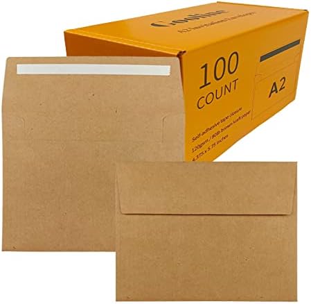 Gooline Kraft Brown A2 Invitation Envelopes，100 Pack 4.375 x 5.75 Inches Quick Self Seal envelopes, for Wedding, Graduation, Baby Shower, Greeting Card