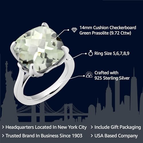 Gem Stone King 9.72 Cttw Green Prasiolite Engagement Ring For Women | 925 Sterling Silver | 14MM Cushion Checkerboard | Gemstone Birthstone | Available in Size 5,6,7,8,92