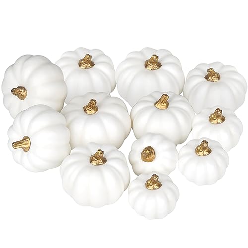 Image of Artmag Artificial Pumpkins Bulk 12Pcs Assorted Sizes Harvest Lifelike Pumpkin Fake Foam Pumpkin for Fall Autumn Halloween Home Party Thanksgiving Party Holiday Decor White
