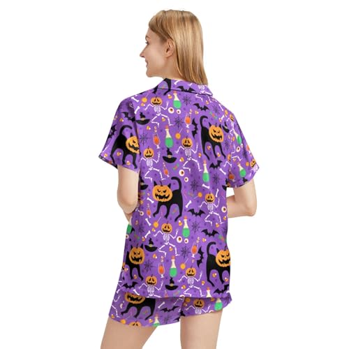 Image of Funny Pajamas for Women Set Print Satin Loungewear Pjs Short Sleeve Button Down Top and Shorts Sets Sleepwear XS-3XL