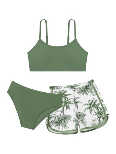 Image of Girls Swimsuit 3 Piece Bathing Suit Printed Sport Bikini Set with Shorts Summer Beach Swimwear for Teen Girls 9-16T