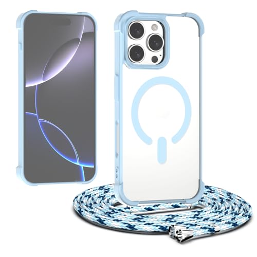 Coque iPhone 16 Pro ultra transparente bleu magnétique à cordon modulable