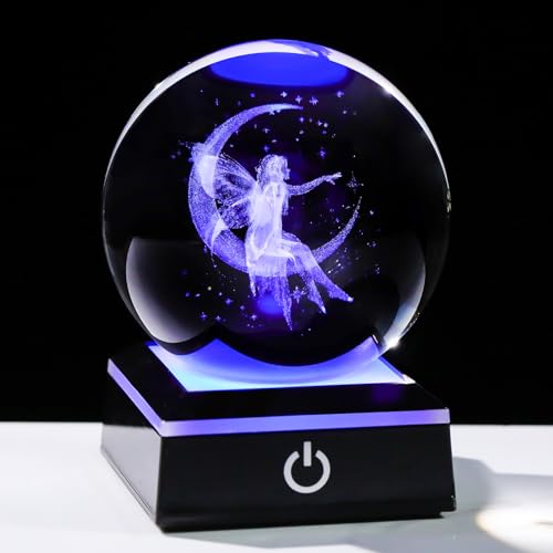 Image of Arikyrist 3D Crystal Ball Moon Fairy Figurine with Colorful LED Base, Fairy Gifts for Women Girls on Christmas Birthday, Fairy Statue Glass Globe Decorative Ball for Home Decor (80mm)