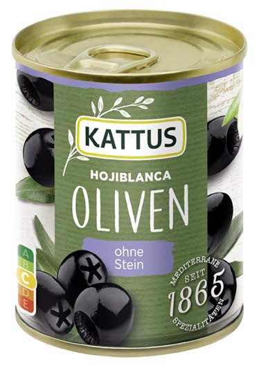Kattus - Schwarze Hojiblanca Oliven ohne Stein | Ideal zu Pizza, Pasta oder Salaten | 85 g in der Dose