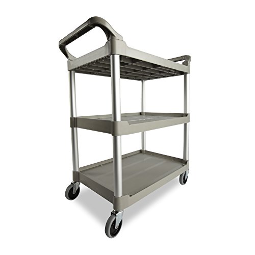 Rubbermaid Commercial Products Heavy Duty 3-Shelf Rolling Service/Utility/Push Cart, 200 lbs. Capacity, Platinum, for Foodservice/Restaurant/Cleaning/Warehouse/Garage