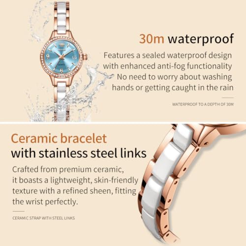 Image of OLEVS Women's Quartz Watches - Elegant Oval Diamond Dress Watch with Ceramic Band, 30M Waterproof Ladies Wrist Watch for Dress & Casual Wear (Rose Gold Blue /Red /Purple /White)
