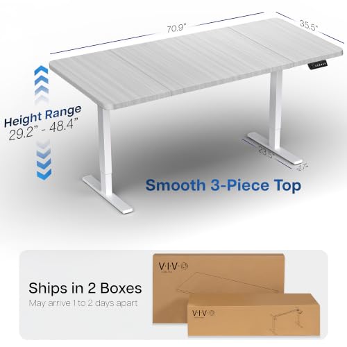 Image of VIVO Dark Gray 71 x 36 in Standing Desk, DESK-KIT-1W7G-36 | Electric, Holds 220 lbs, Sit Stand, Height Adjustable, Extra Deep Table Top, Memory Presets, 1B Series, White Frame
