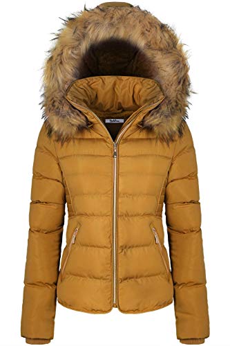 BodiLove Women's Warm Winter Everyday Wear Outdoor Winter Quilted Puffer Short Coat Jacket Plus Sizewith Removable Faux Fur Hood and Zipper Mustard 3X