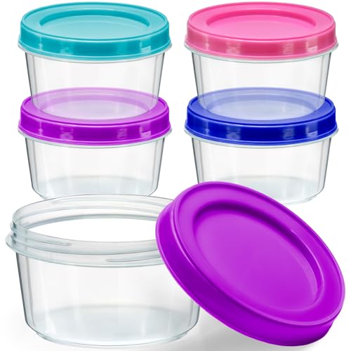 DecorRack 4 Pack - 7 oz Plastic Food Storage Containers with Screw Lids BPA-Free Reusable Stackable Jars for Portion Control Snacks Travel Kitchen Freezer Art and Craft (Assorted Color)
