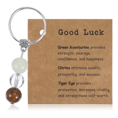 Ouligay Llavero de cristal natural, amuleto de la suerte con tarjeta de regalo, cambio de suerte para el primer colegio, amuleto para colegas y cambio de trabajo