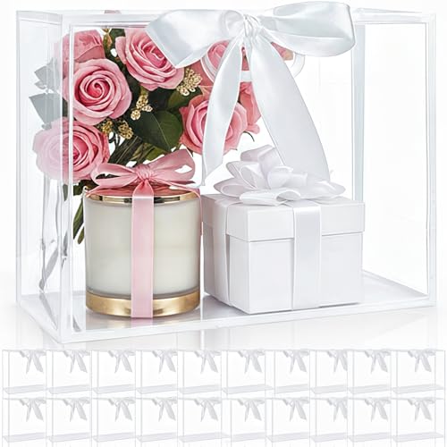 Cididu 20 Pack Clear Plastic Gift Bags with Handles 12x10x5 Inch Reusable Goodie Flower Bag with Ribbon Gift Packaging Bags Bulk for Mothers Day Wedding Party Birthday Graduation Bridal Shower